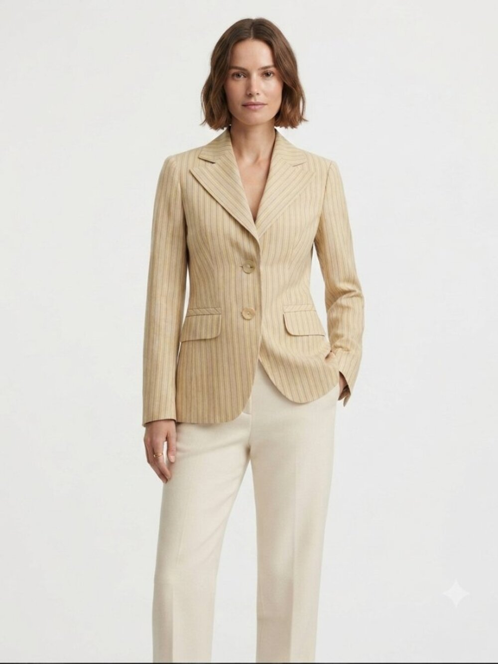 ESCADA LINEN BLEND BEIGE BLACK YELLOW STRIPED PEAK LAPEL MID-LENGTH BLAZER - 4